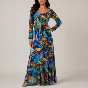 Vintage 90s Sexy Diva Multi Color Abstract Animal Print Maxi Dress M Eclectic